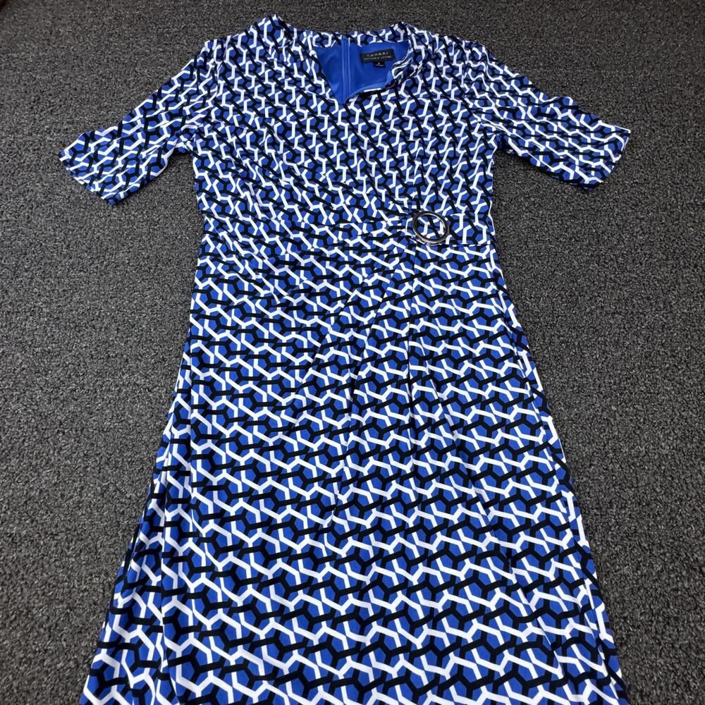 Tahari Arthur S. Levine Dress Womens 8 Blue Geometric Wrap Belted Midi